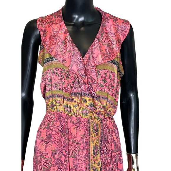 Raga Pink Boho Paisley Ruffle Midi Dress – Sleeveless Tie Waist SP - Picture 7 of 13
